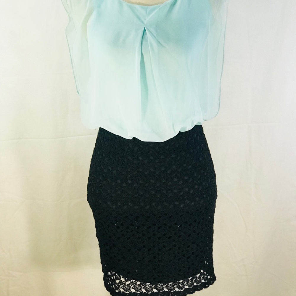 Sky Blue Flowing Top Navy Crochet Bottom Dress